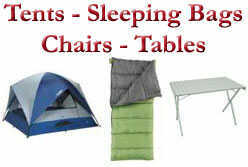 Camping Tents, Sleeping Bags, Chairs and Tables