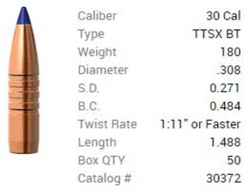 Barnes Tipped Triple-Shock X Bullets 30 Caliber (308 Diameter) 180 Grain Spitzer Boat Tail, 50 Per Box Md: 30372