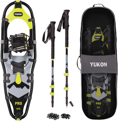 YUKON Pro Series Showshoe Kit 9" x 30" Black/Lime Green 250lbs Weight Capacity w/Snowshoes, Poles & Travel Bag