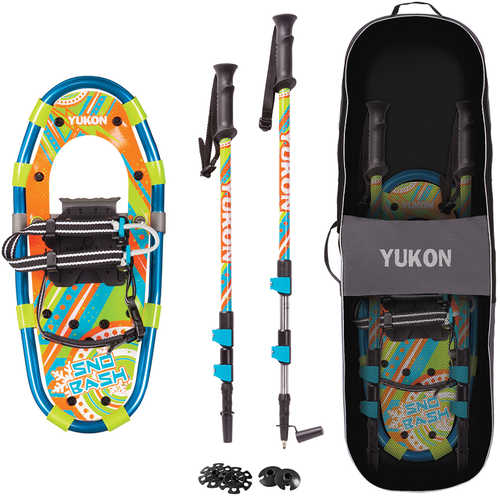 YUKON Sno-Bash Youth Showshoe Kit 7" x 16" - 100lbs Weight Capacity w/Snowshoes, Poles & Travel Bag