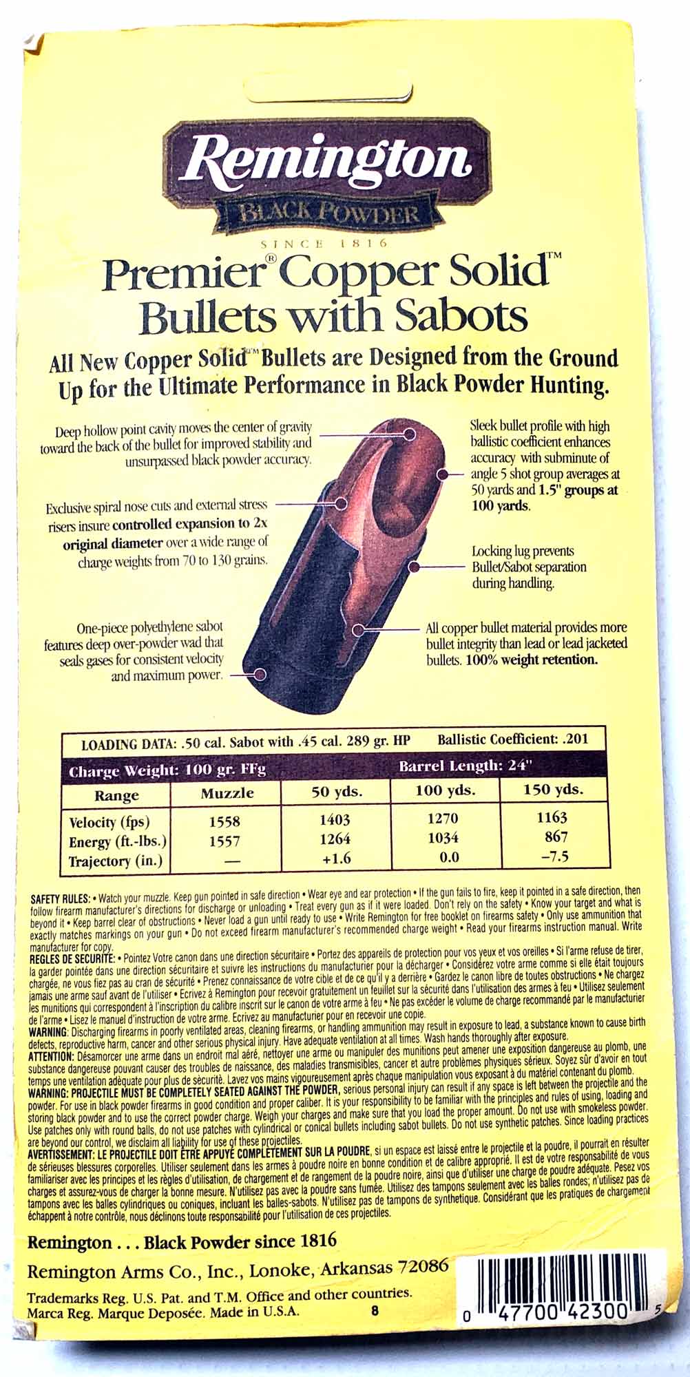Remington Muzzleloading 289 Gr HP Copper Bullets With Sabots For 50 Cal Qty 8
