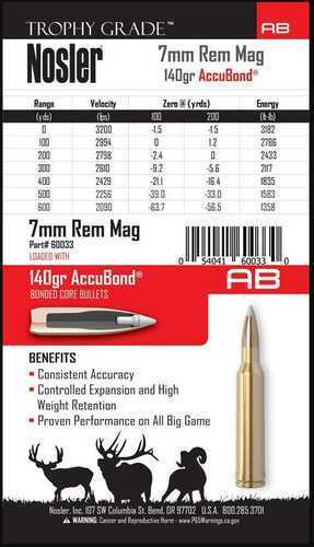 Nosler 7mm Remington Mag 140 Grain Accubond 20 Rds Ammunition 60033