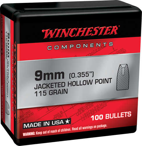 Winchester Ammo Centerfire Handgun Reloading 9mm .355 115 Gr Jacketed Hollow Point (JHP) 100 Per Box