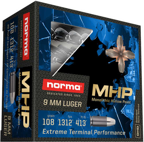 9mm Luger 108 Grain Jacketed Hollow Point 20 Rounds Norma Ammunition