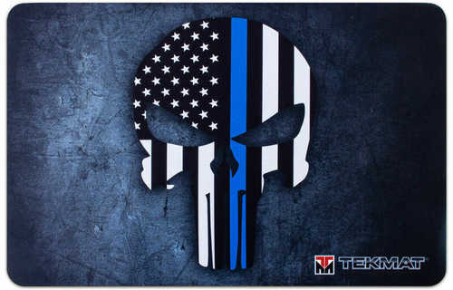 TekMat TEKR17PUNISHERBL Punisher Blue Line Cleaning Mat 17"X11" Black/White/Blue Thermoplastic Fiber Top W/Vulcanized Ru