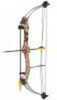 Youth bow with shoot through riser and split limb design. Includes arm guard, two piece quiver, arrow rest, adjustable sight, finger tab, and (2) 18" arrows.