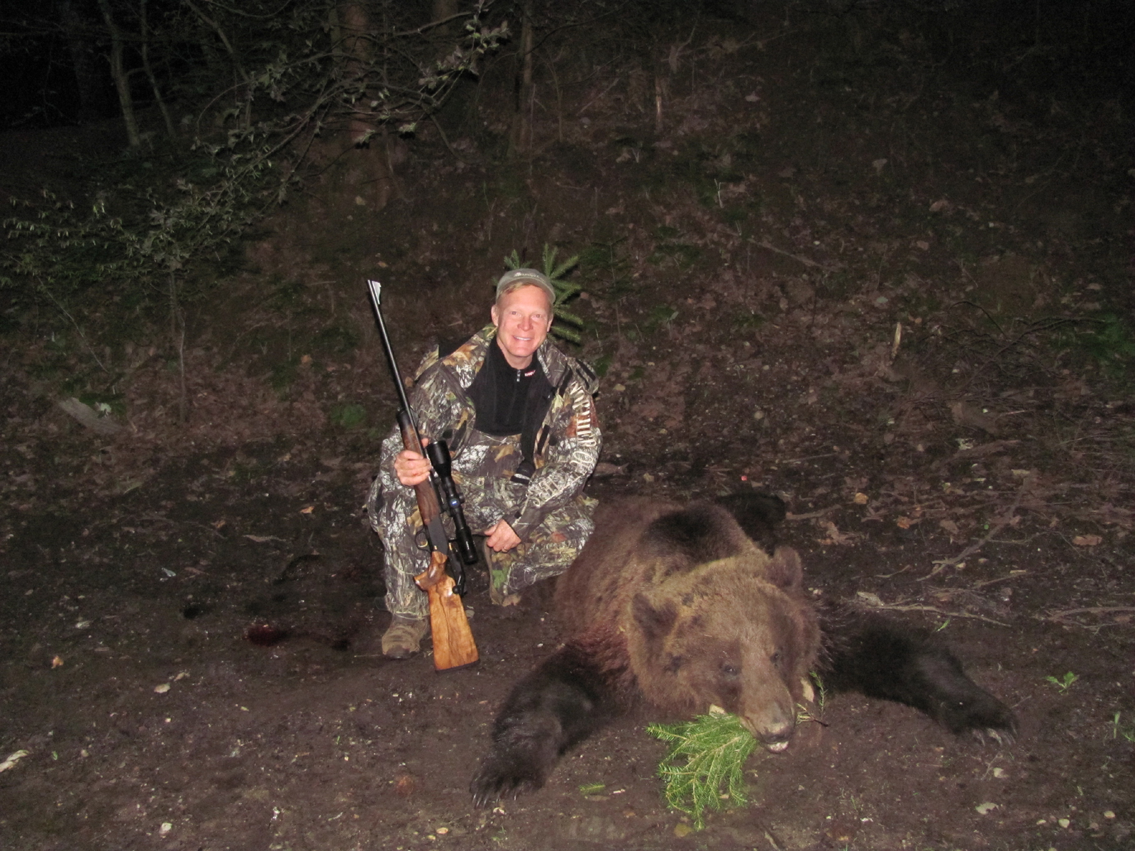 This Eurasian brown bear was taken in Romania in 2010 with a Blaser R8 and .338 Blaser Magnum barrel, topped with a Zeiss Victory 3-10x50mm scope.