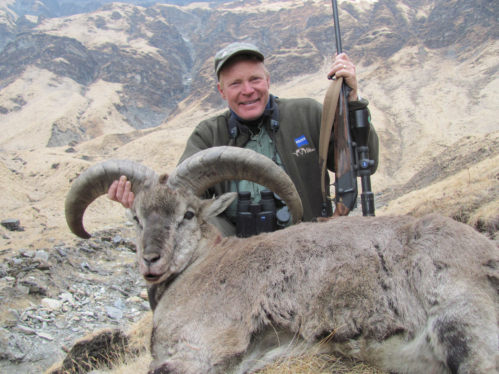 This excellent Himalayan blue sheep was taken in Nepal with a .300 Blaser Magnum barrel mounted with a Victory 3-12x56mm scope, distance about 515 yards. Both this scope and the Zeiss 10x45 RF binoculars became a favorite combo for mountain hunting.
