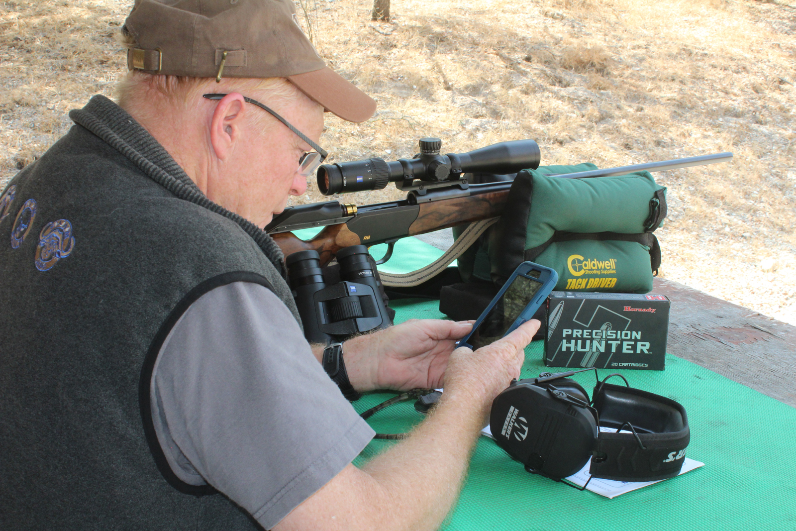 On the range getting ready for Mongolia in August 2018. I’ve got the Zeiss Hunting app on my smartphone, connected to the 10x42 RF range-finding binocular via Bluetooth, and the 4-16x50mm Conquest scope mounted on a .300 Weatherby Magnum barrel.