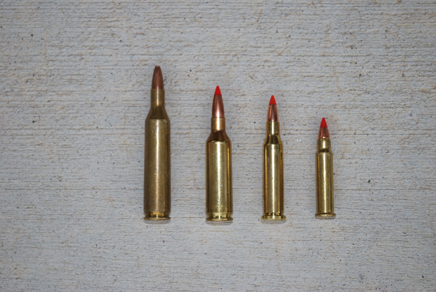 Left to right: .17 Remington, .17 Remington Fireball, .17 Hornet,