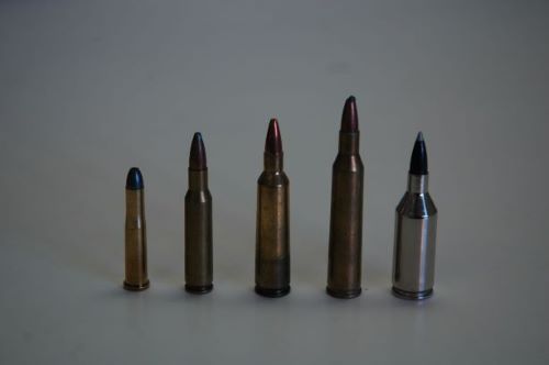 The various .22 centerfires are the classic varmint cartridges—but only a few have become popular. Left to right: .22 Hornet (1930); .222 Remington (1950); ,220-250 (1965); .220 Swift (1935); .223 WSSM (2002).