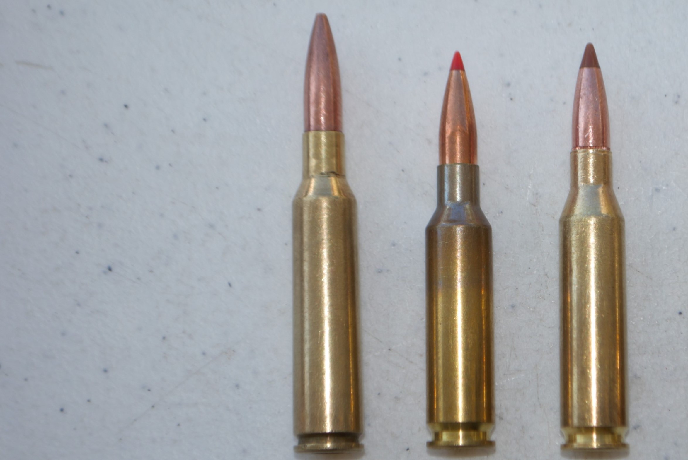 Left to right: 6.5x55 Swedish Mauser, .260 Remington, 6.5mm Creedmoor. Although the Creedmoor is by far the most popular 6.5mm cartridge, these three are ballistic equals, propelling a 140-grain bullet at about 2700 fps.