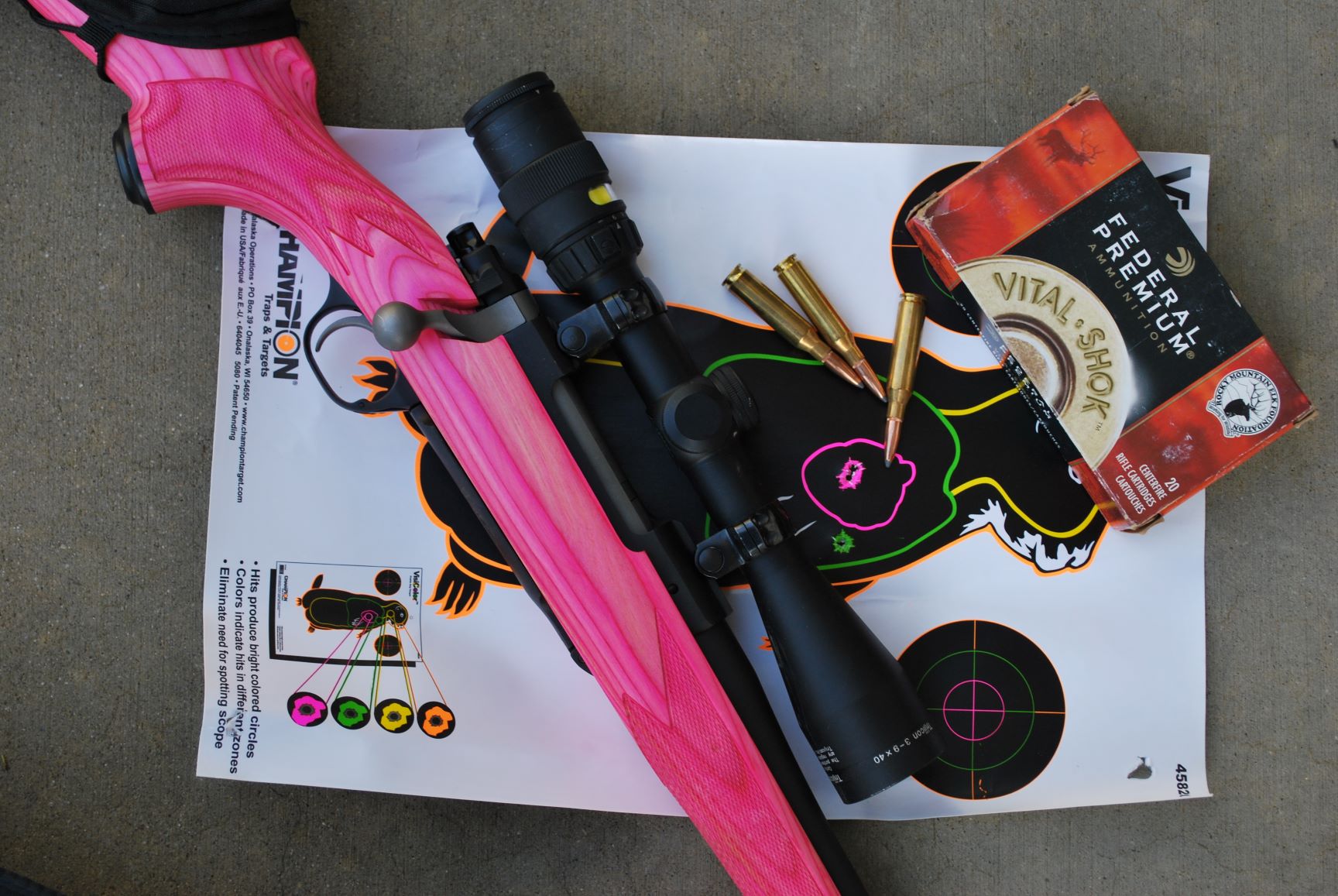 Caroline’s infamous Ruger 7mm-08 wears a shockingly hot pink laminate stock. Boddington has seen many 7mm-08s that are more accurate, but it groups consistently with a wide variety of loads.