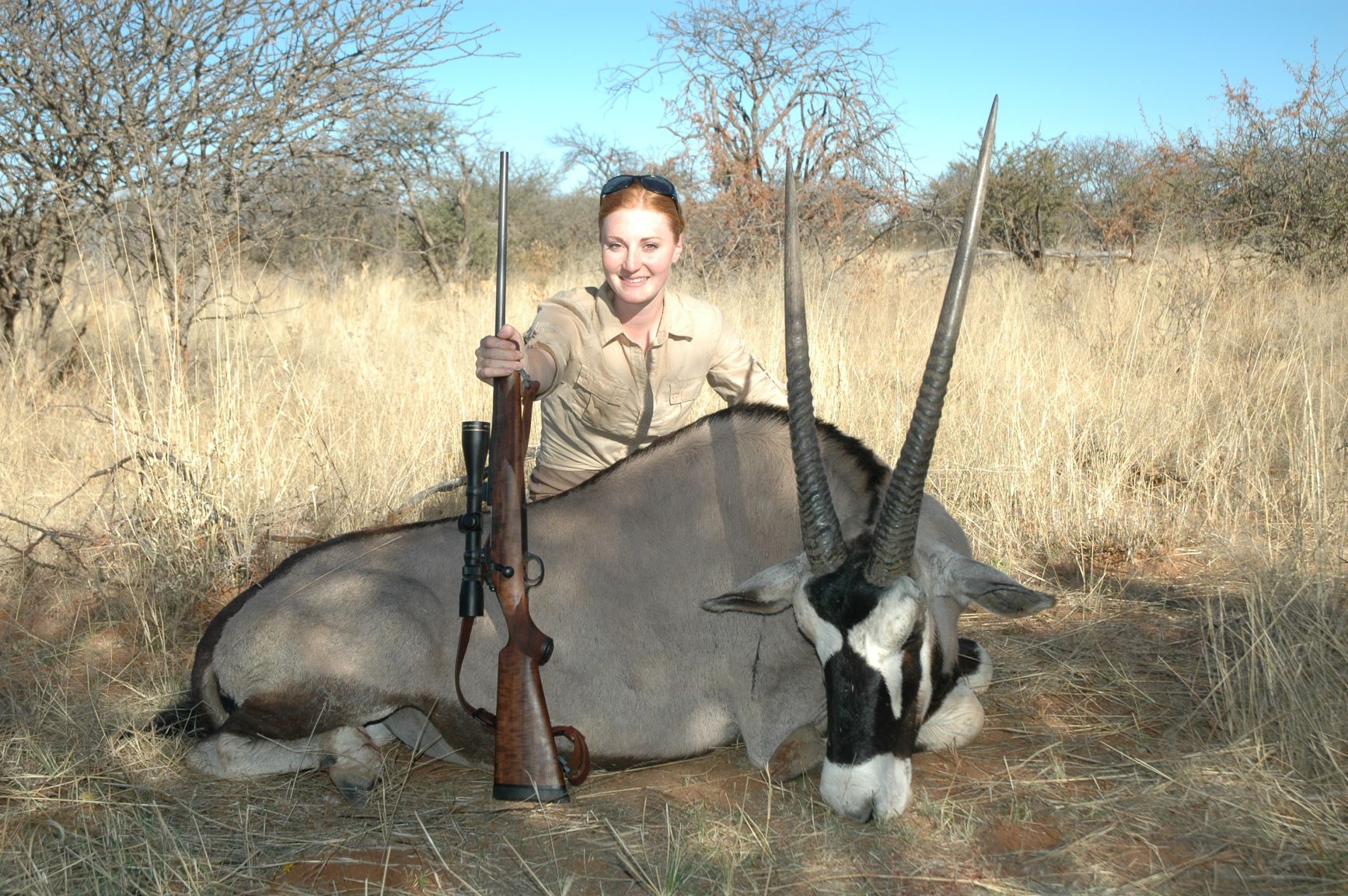 Brittany Boddington with an ancient gemsbok bull, taken with her pet Kimber in 7mm-08.