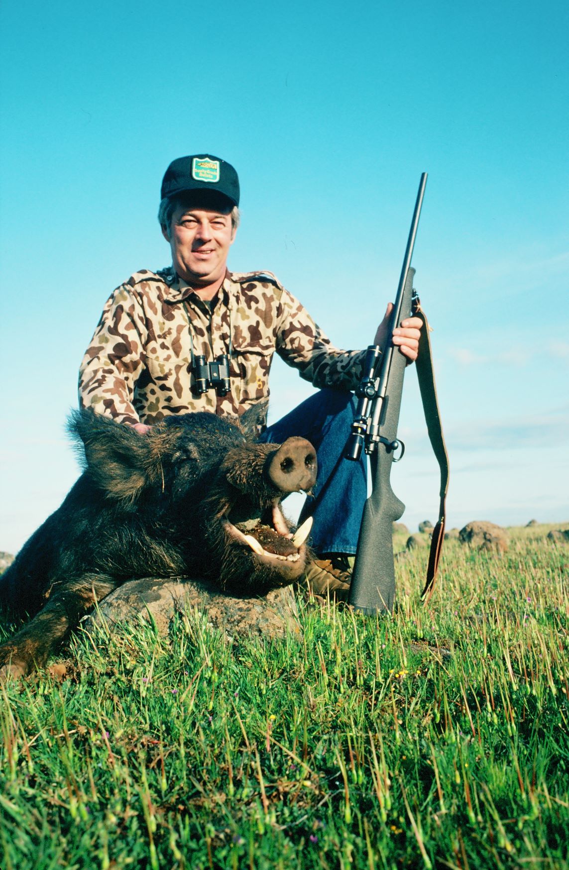 Chub Eastman with a big California boar, the first animal Boddington saw taken with a 7mm-08, in 1981 when the cartridge was just a year old. The then-new 140-grain Ballistic Tip broke both shoulders and kept on going!