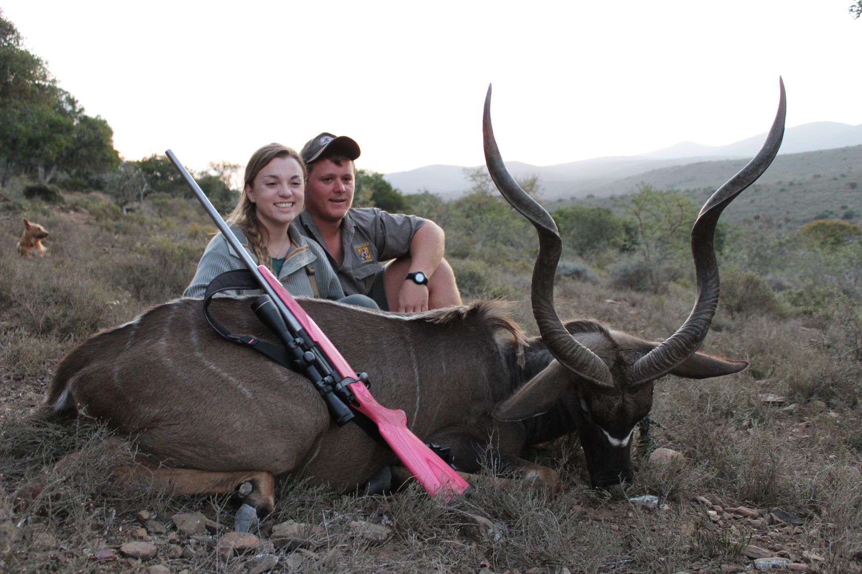 Caroline Boddington and PH Scot Burchell with an Eastern Cape greater kudu, dropped in its tracks with a 139-grain Hornady Interlock from Caroline’s hot-pink Ruger M77 in 7mm-08.
