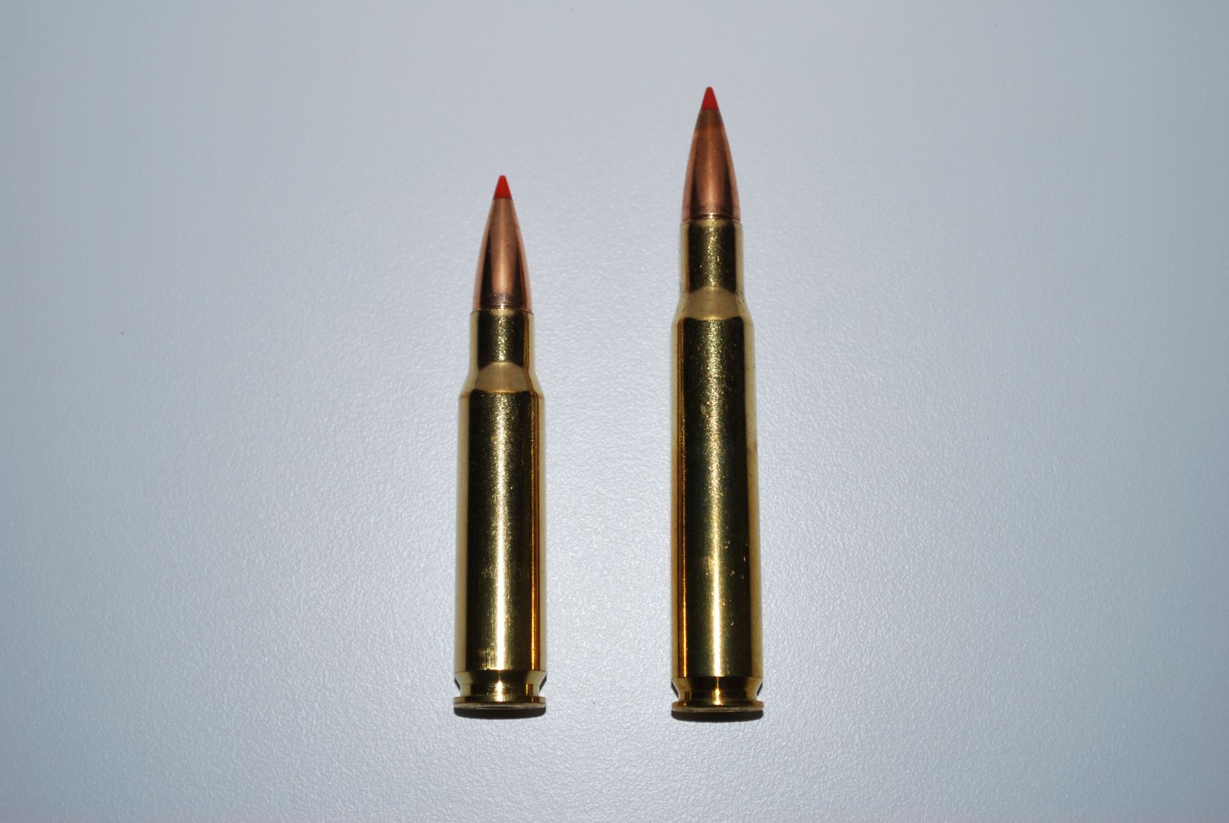 DSC_0292: Left, .308 Winchester; right, .30-06. The .308 (7.62x51 NATO) was introduced in 1952 by shortening the .30-06 case. The result is a slightly less powerful cartridge that fits in short actions, is more efficient, and tends to be extremely accurate