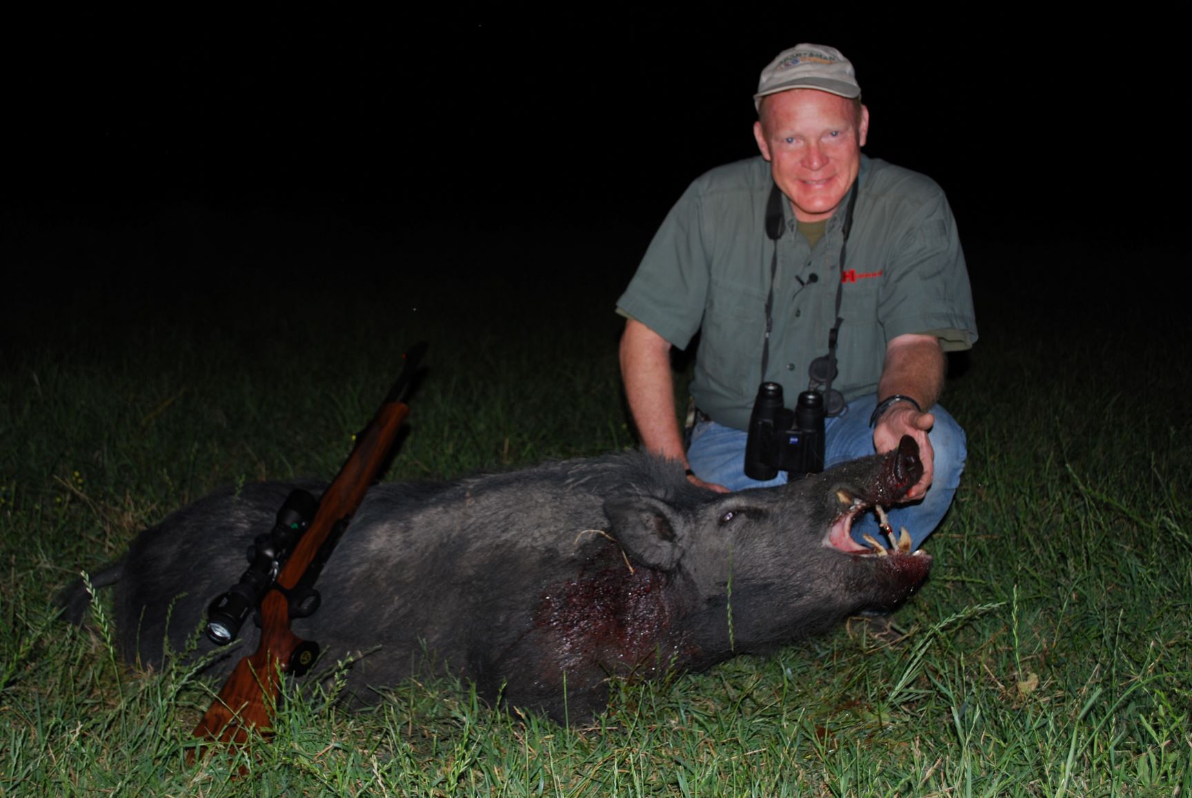 Because of required action length, semiautomatic sporters in .30-06 are fairly uncommon. One of them is the Sauer 303, used to take this big Texas boar at last light.