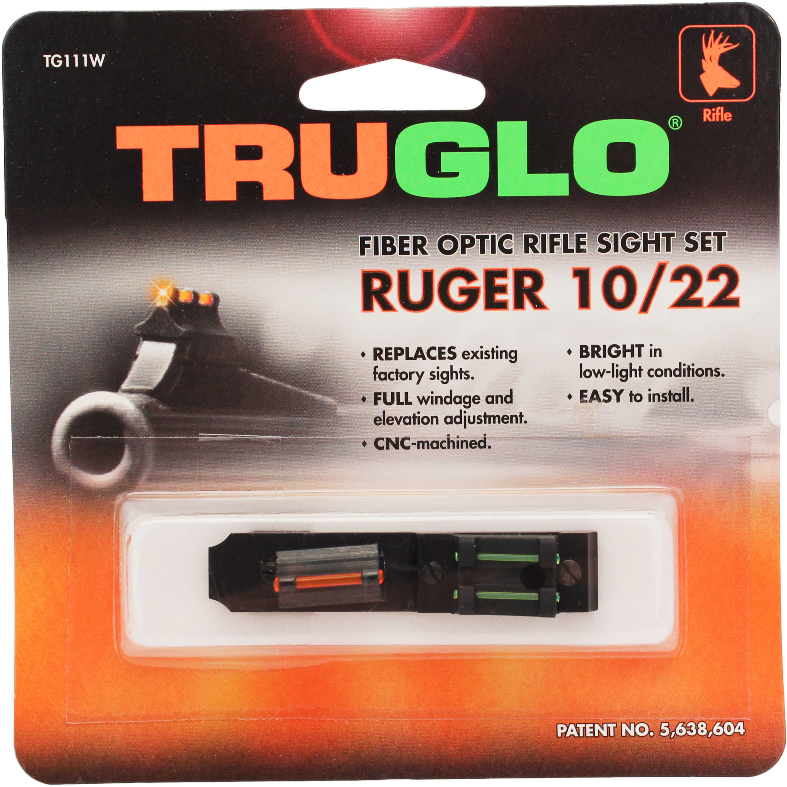 Truglo TG111W Rimfire Rifle Fiber Optic Set Ruger 10/22 Red Front Green Rear Black