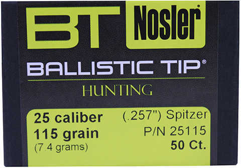 Nosler Spitzer Hunting Ballistic Tip 257 Caliber 115 Grain 50/Box Md: 25115 Bullets