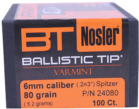 Nosler Spitzer Varmint Ballistic Tip 6MM Caliber 80 Grain 100/Box Md: 24080 Bullets
