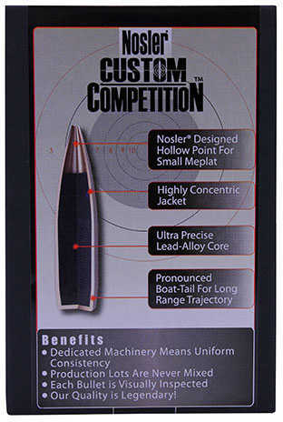 Nosler Custom Competition Boat Tail Hollow Point 22 Caliber 69 Grain 100 Bullets Per Box Md: 17101