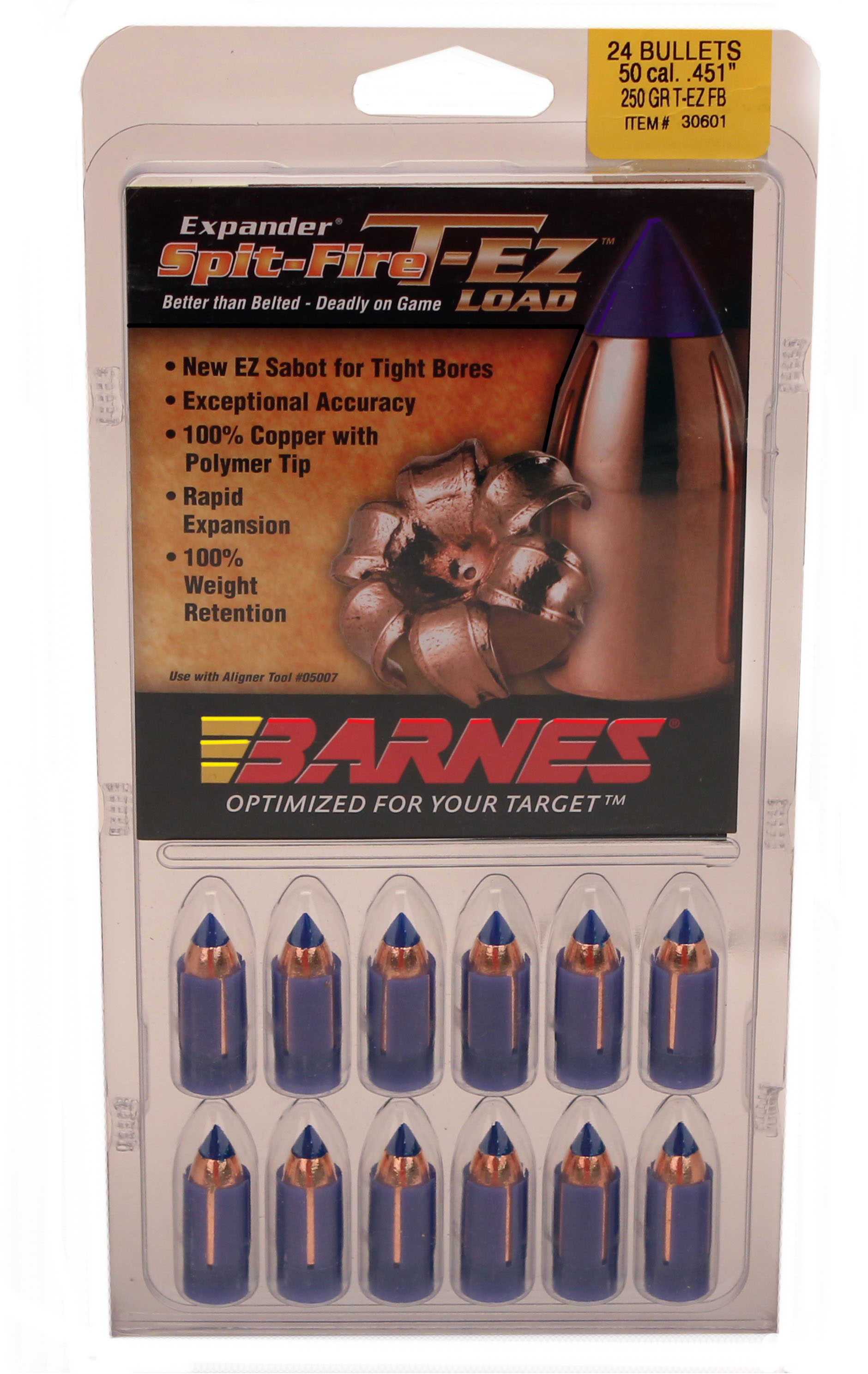 Barnes 50 Caliber 250 Grain Tipped Easy Loading Flat Base Muzzleloader Bullet 24 Pk Md: 45182