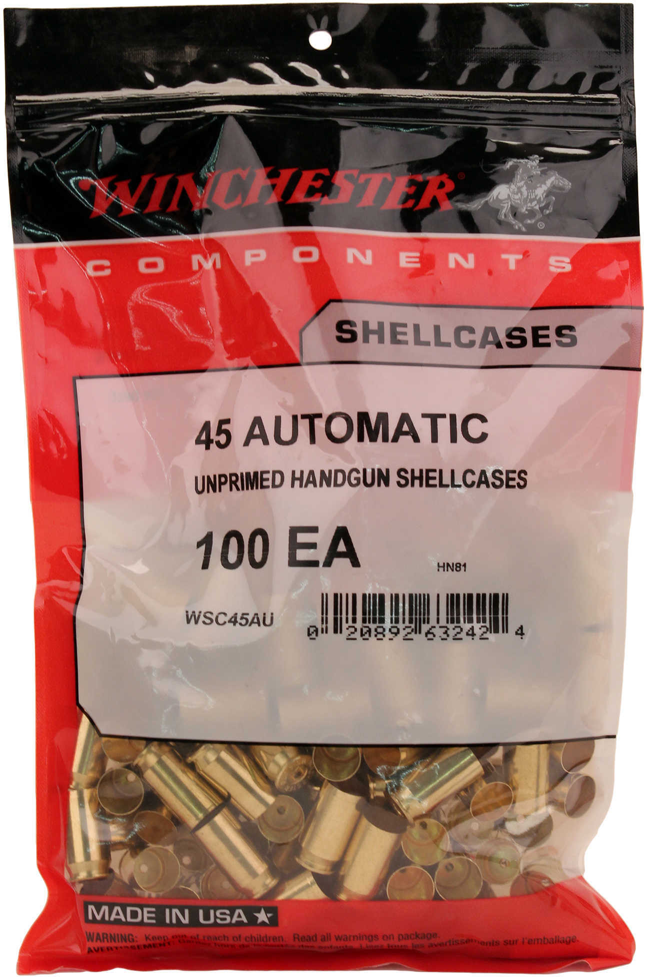Winchester Unprimed Brass Cases 45 ACP 100/Bag Md: WSC45Au