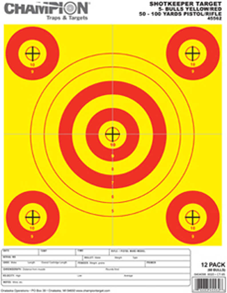 Champion Traps And Targets ShotKeePer Yellow/Red 5-Bull - Small 8.5" X 11" 12 Per Pack & Red