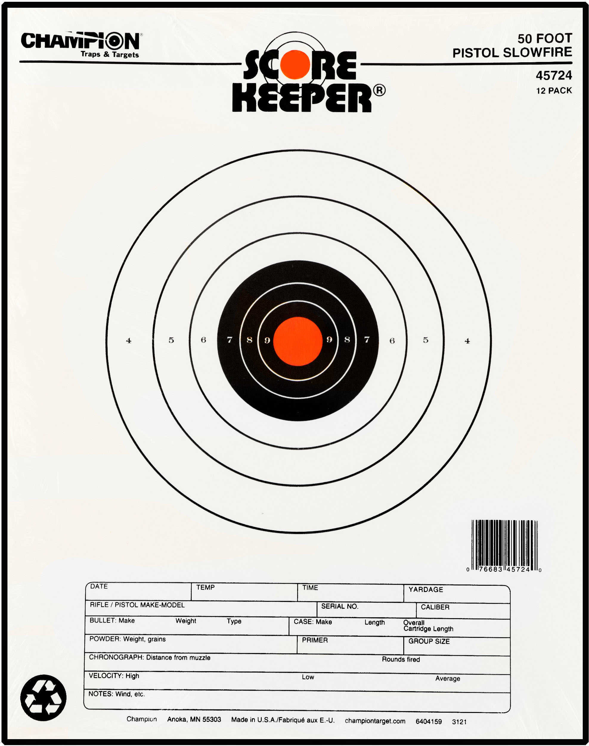 Champion Traps And Targets Scorekeeper Paper - Fluorescent Orange Bull 50 ft. Pistol Slowfire 11" X 16" 12