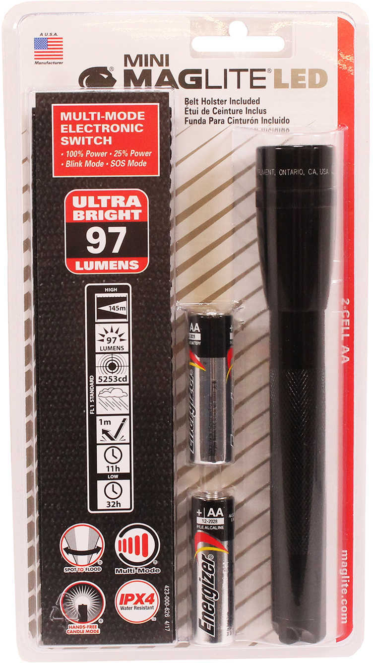 Mini Maglite Led 2-Cell AA Flashlight Black - Hang Pack Includes Polypropylene Belt Holster & Batteries 3 Watt Pow