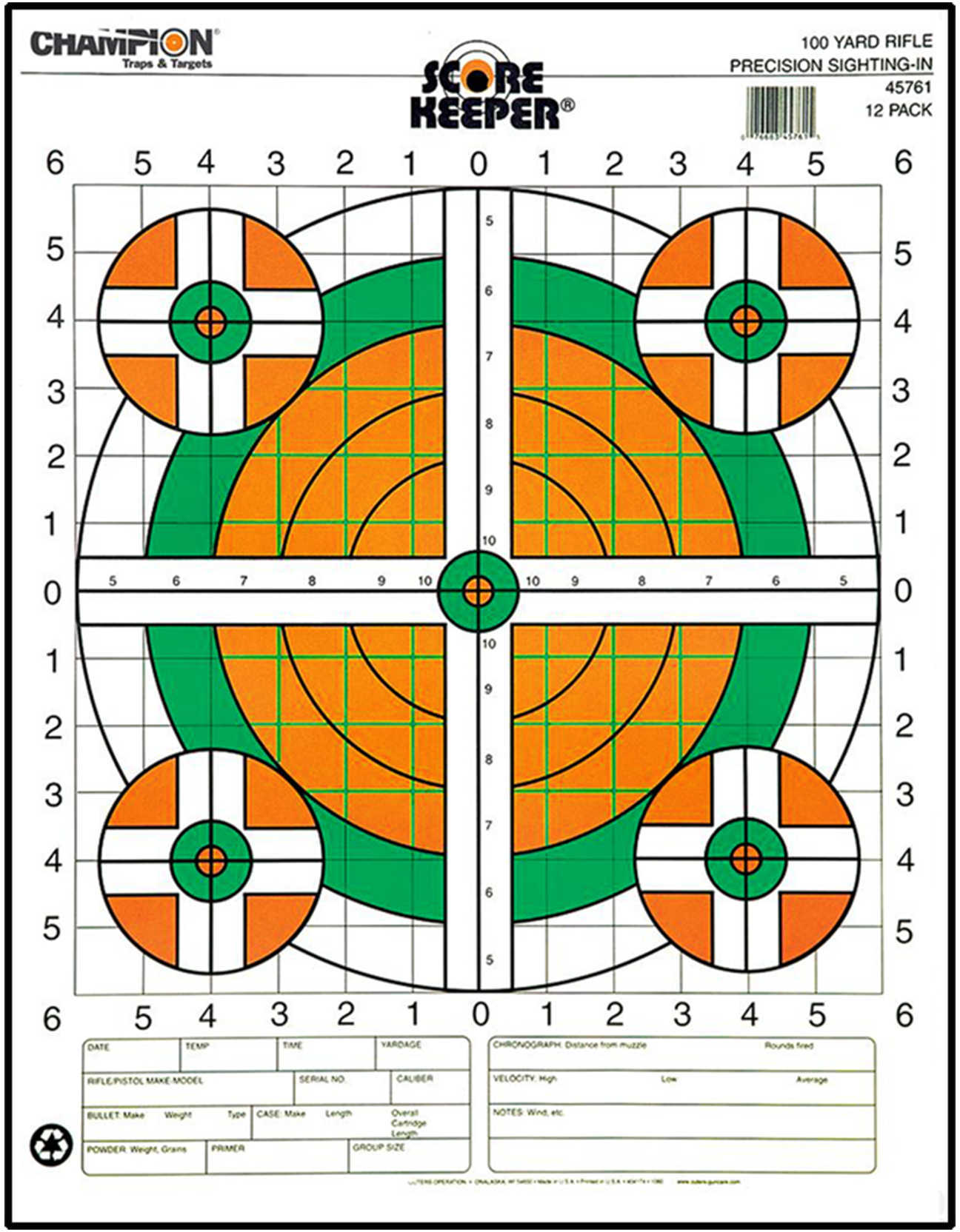Champion Traps & Targets Fluorescent Orange/Green Bullseye Scorekeeper 100 Yard Rifle Sight-In 12 Pack 45761