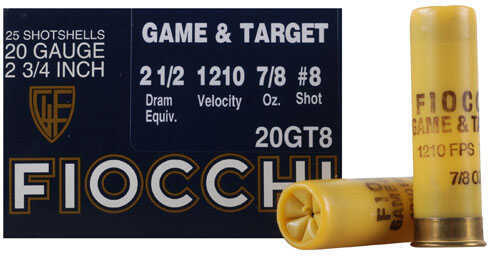 20 Gauge 2-3/4" Lead #8  7/8 oz 25 Rounds Fiocchi Shotgun Ammunition