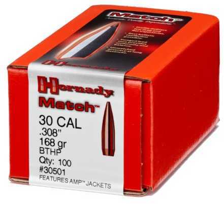 Hornady Match 30 Caliber 168 Grain Bot Tail Hollow Point Bullets, 100 Per Box
