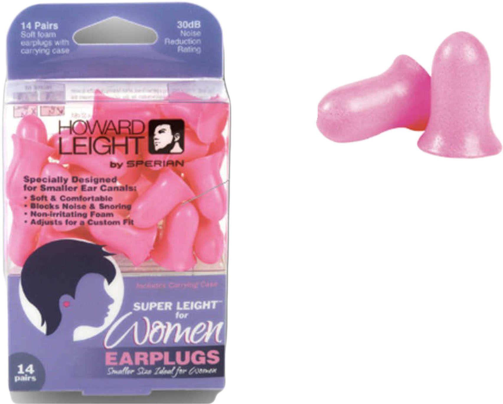 Howard Leight Super Leight Ear Plugs For Women Pre-shaped Foam Pink Ear Plugs 30db 14/pr With Carry Case