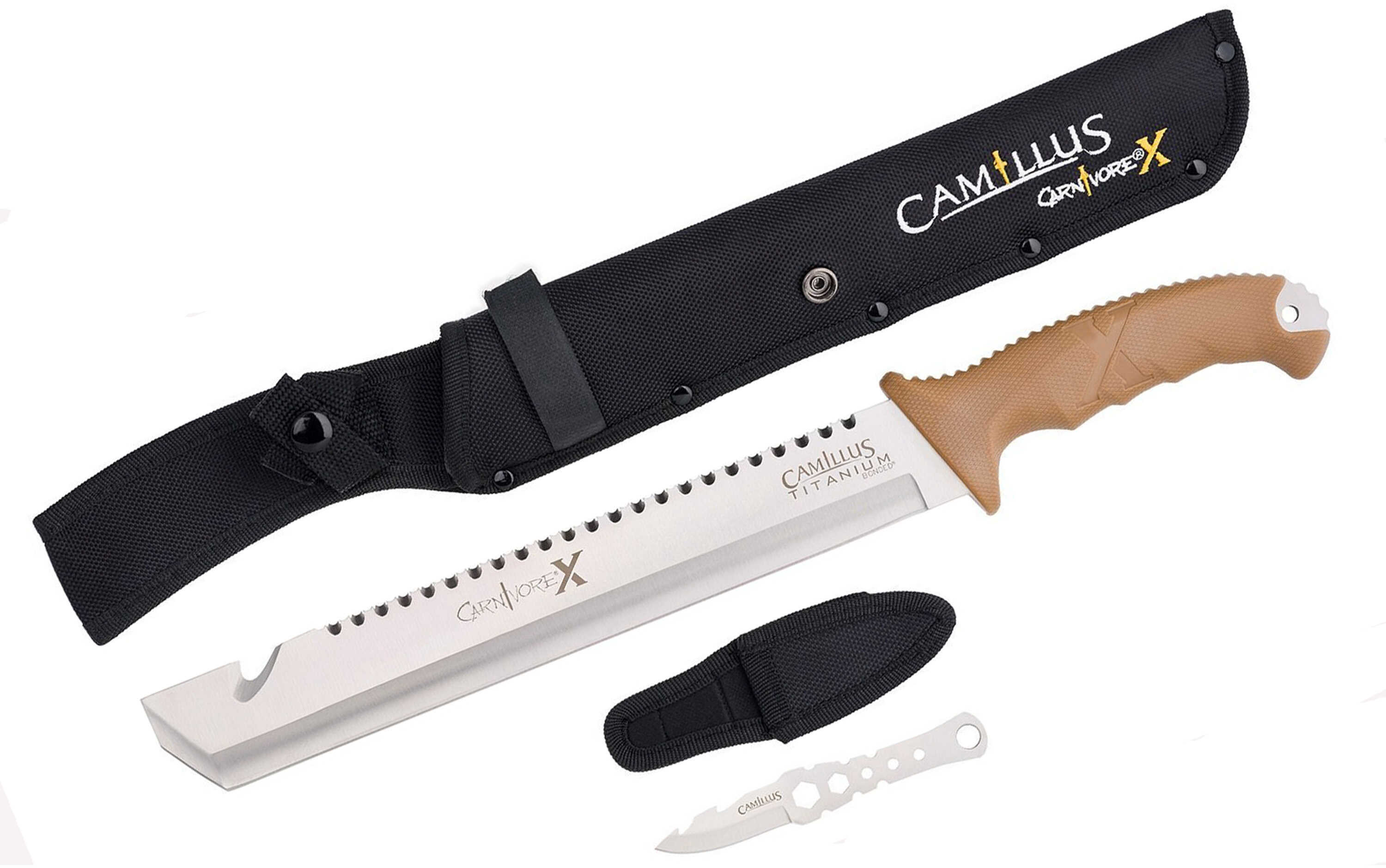 Camillus 19236-003 Carnivore 12" Silver Ti Bonded 440 SS Blade, Brown ABS Handle, 18" Long Includes Sheath