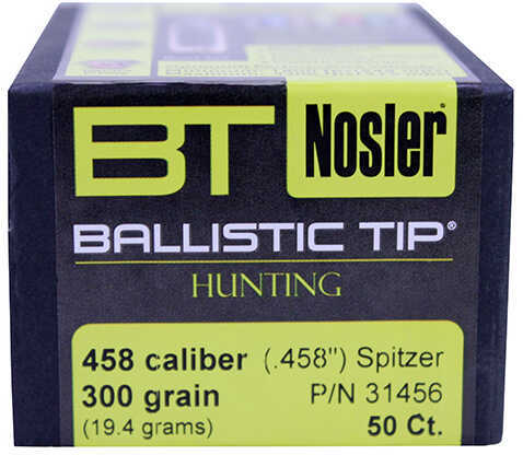 Nosler Ballistic Tip Hunting .458 Caliber 300 Grain Spitzer Reloading Bullets, 50 Per Box Md: 31456