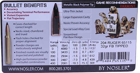 Nosler Varmageddon Rifle Ammunition 204 Ruger 32 Grain VG FBT 20 Rounds Model: 65115
