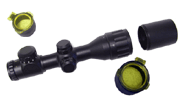 Removable Sun Shade Included Finger adjusting knobs Under Protective Covers Illuminated Mil Dot Reticle Fixed Power 4X Large 32mm Adjustable Objective Focus Down To 5 yards See Thru Pop Up Lens Caps I...