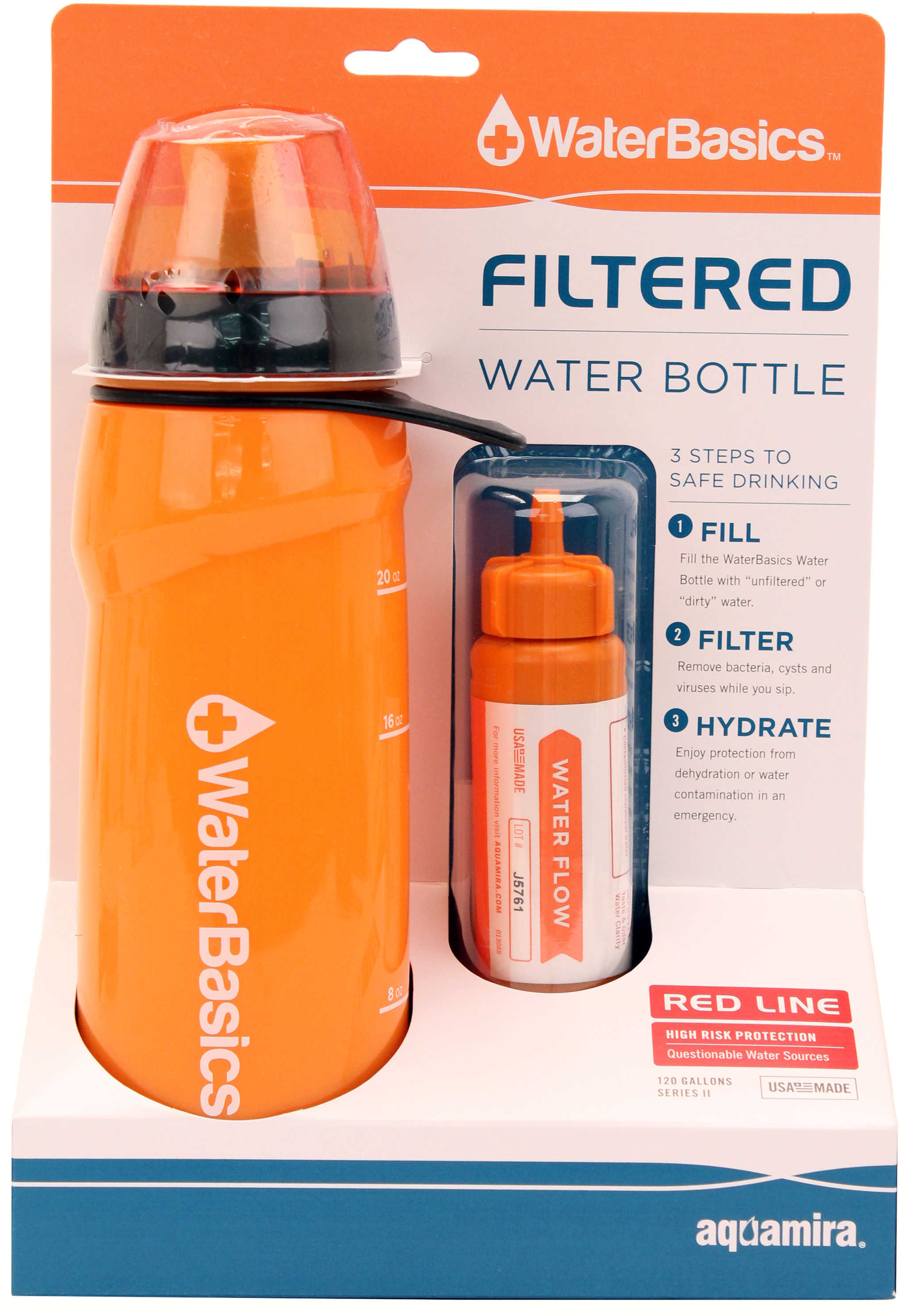 Aquamira WaterBasics Filter Bottle Red Line - Virus Bacteria and Cyst Protection Filters up to 120 Gallons of