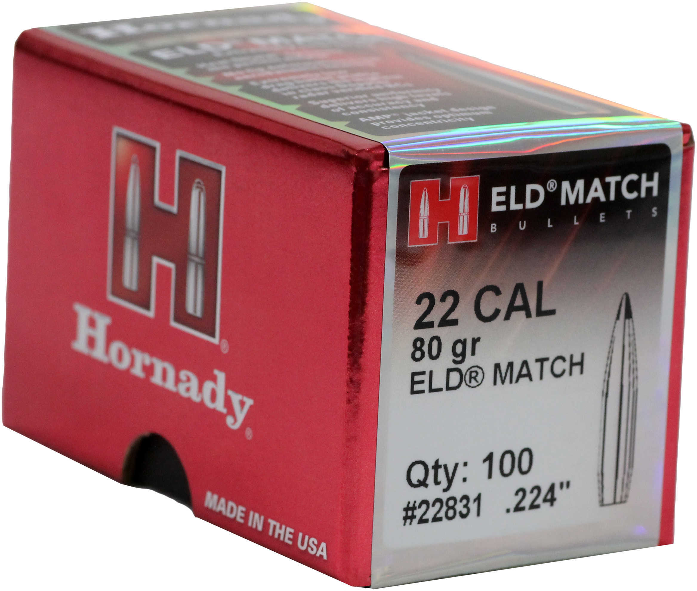 Hornady ELD Match Reloading Bullets 22 Caliber 80 Grain Boat Tail, 100 Per Box Md: 22831