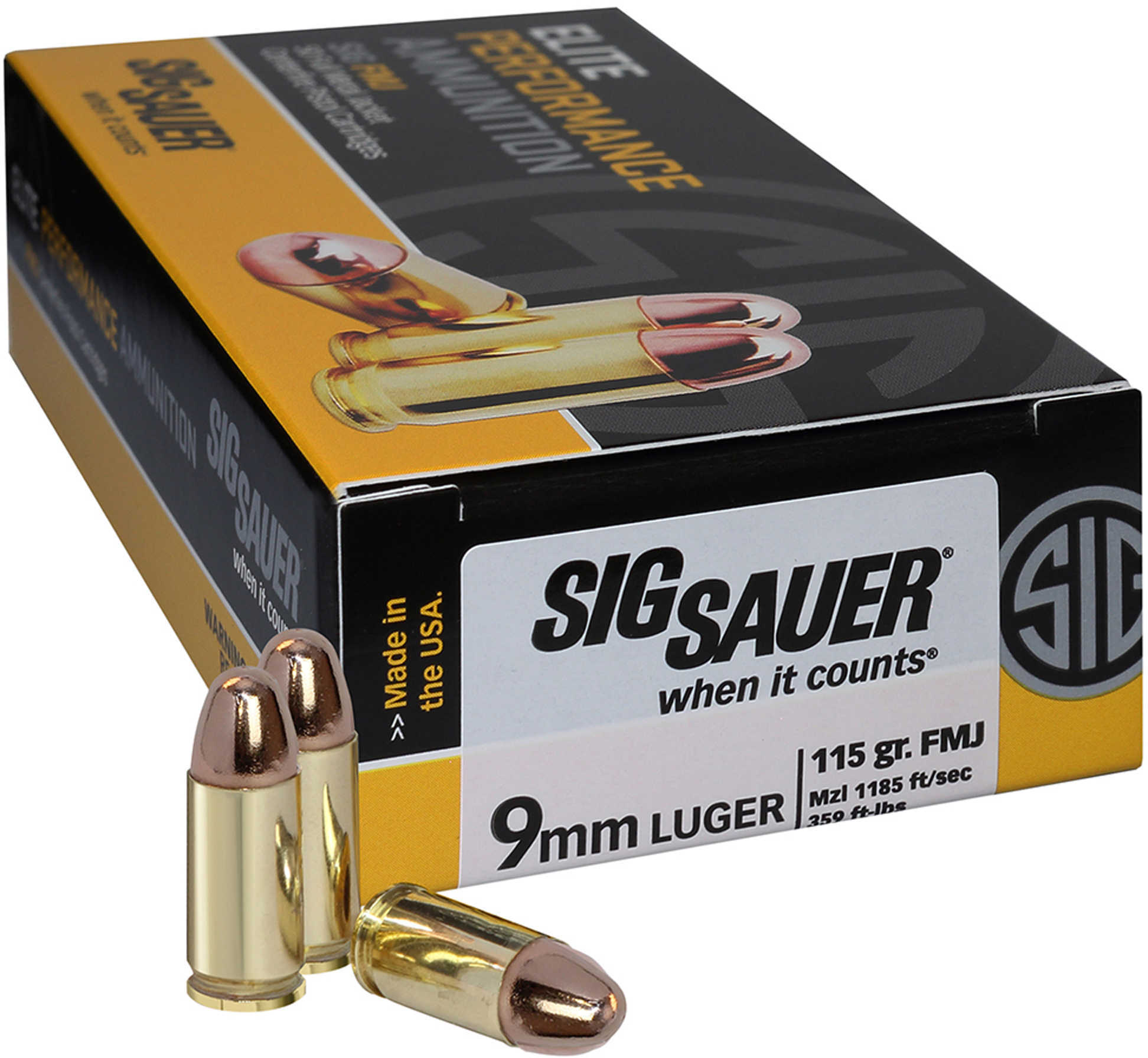 9mm Luger 115 Grain Full Metal Jacket 50 Rounds Sig Sauer Ammunition