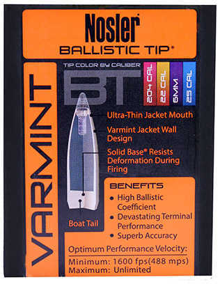 Nosler 6mm .243 Diameter 55 Grain Spitzer Ballistic Tip Varmint 100 Count