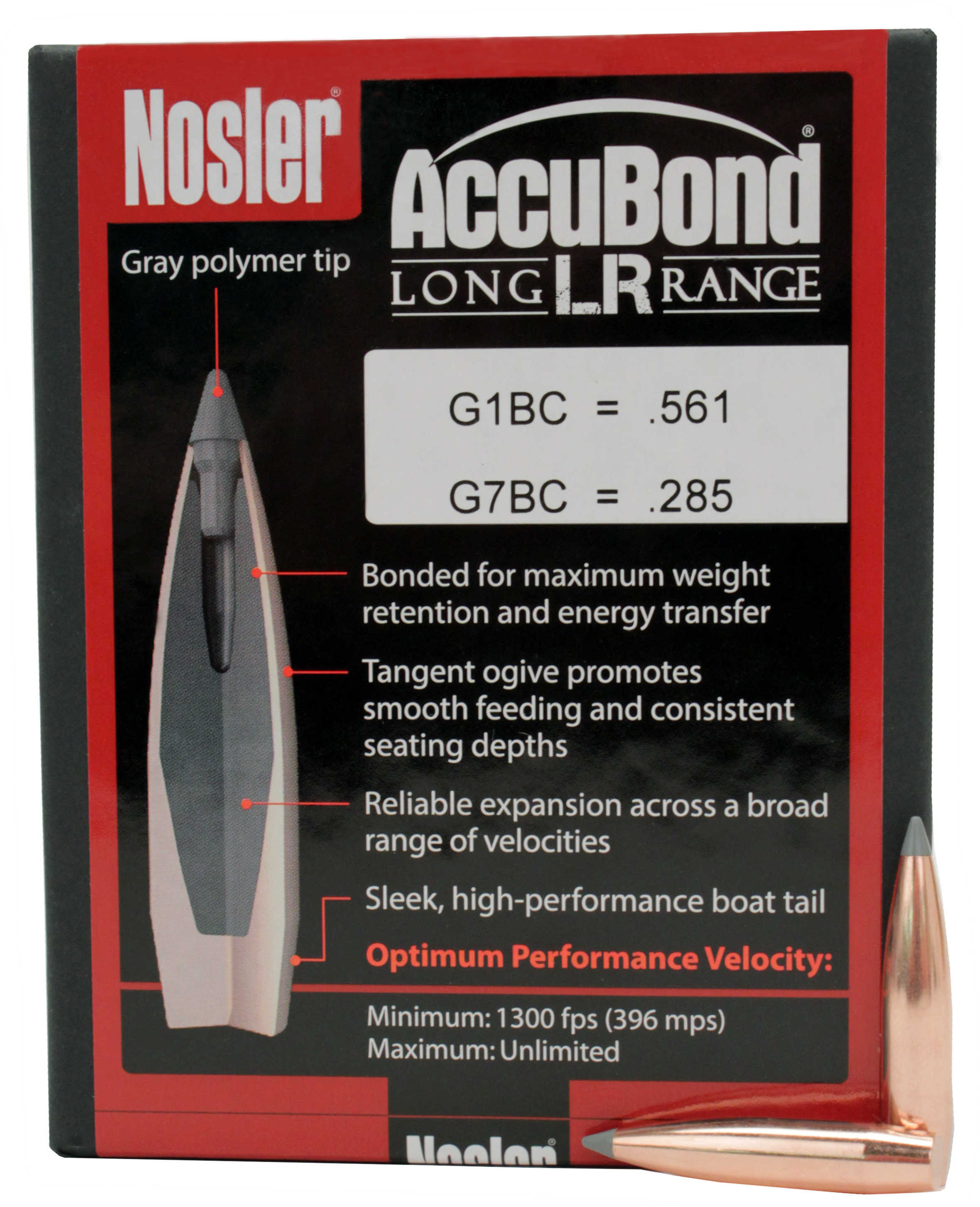 Nosler 6.5mm .264 Diameter 129 Grain Spitzer Long Range AccuBond 100 Count