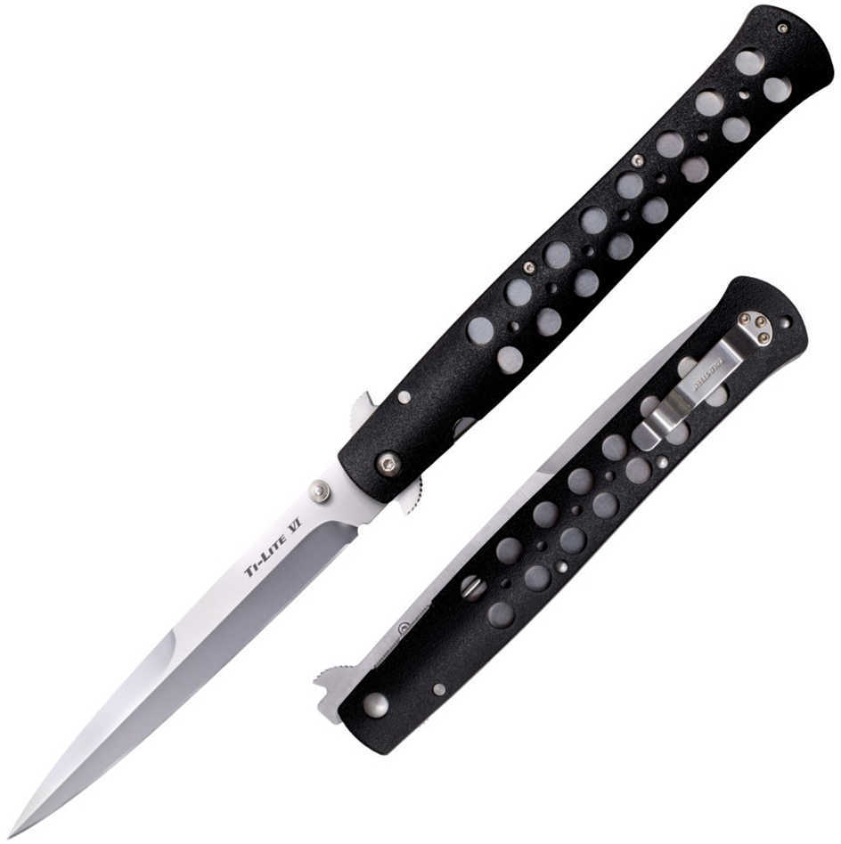 Cold Steel Ti-Lite 6" Folding Knife Spear Point Plain Edge AUS 8A/Polished Black Zytel Flipper/Pocket Clip 26SXP