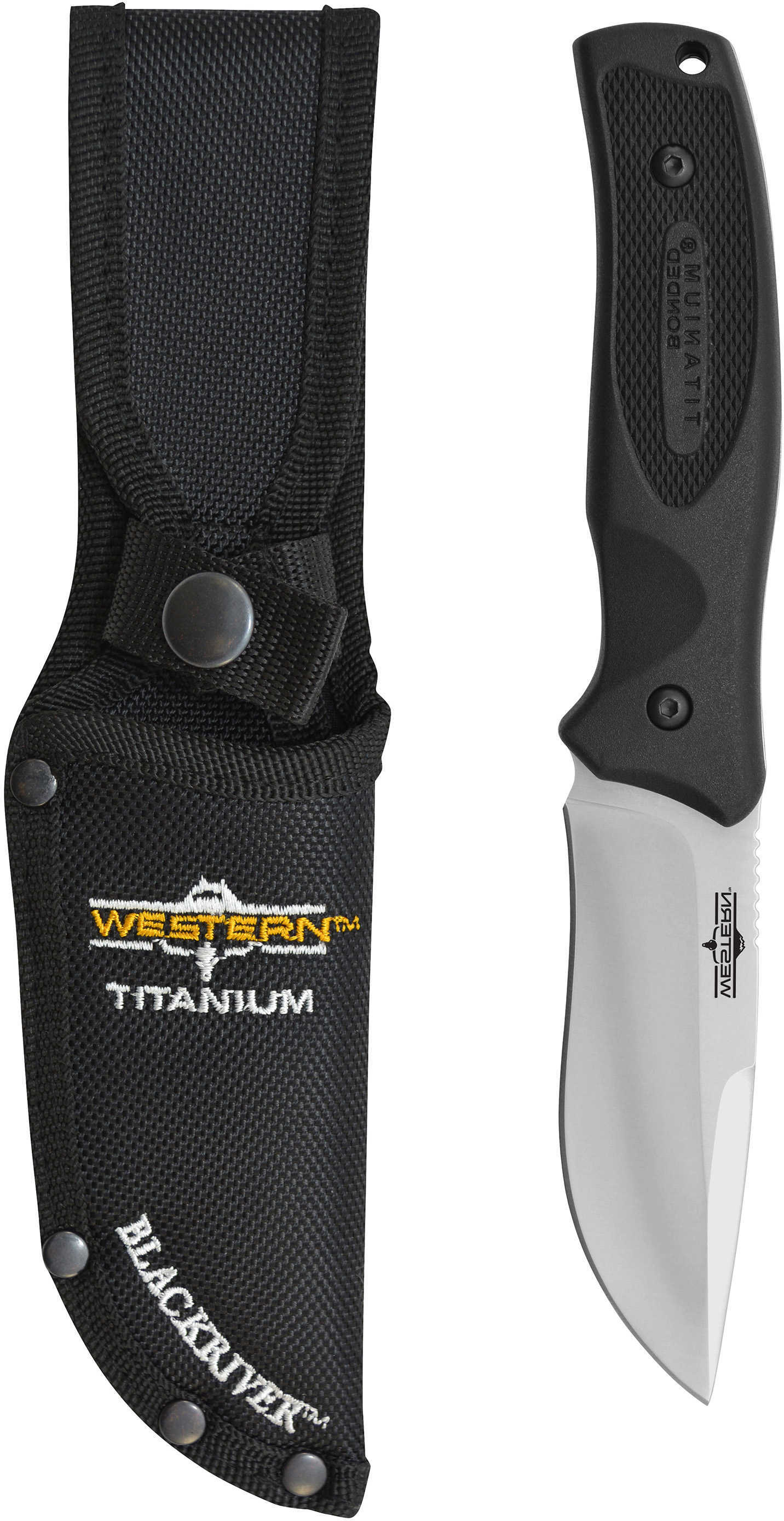 Camillius Western Black River Fixed Blade Knife Plain Edge Black Rubber Handle Satin Finish Silver Blade 4.75" Blade Len