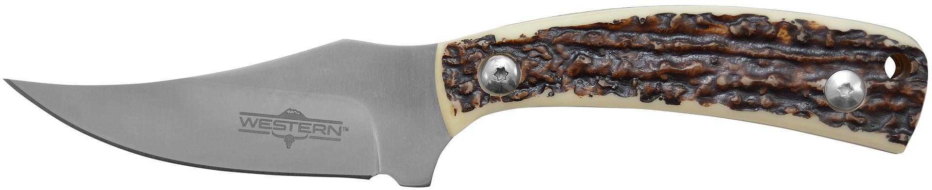 Camillius Western Crosstrail Fixed Blade Knife Plain Edge Faux Stag Handle Satin Finish Silver Blade 3.25" Blade Length