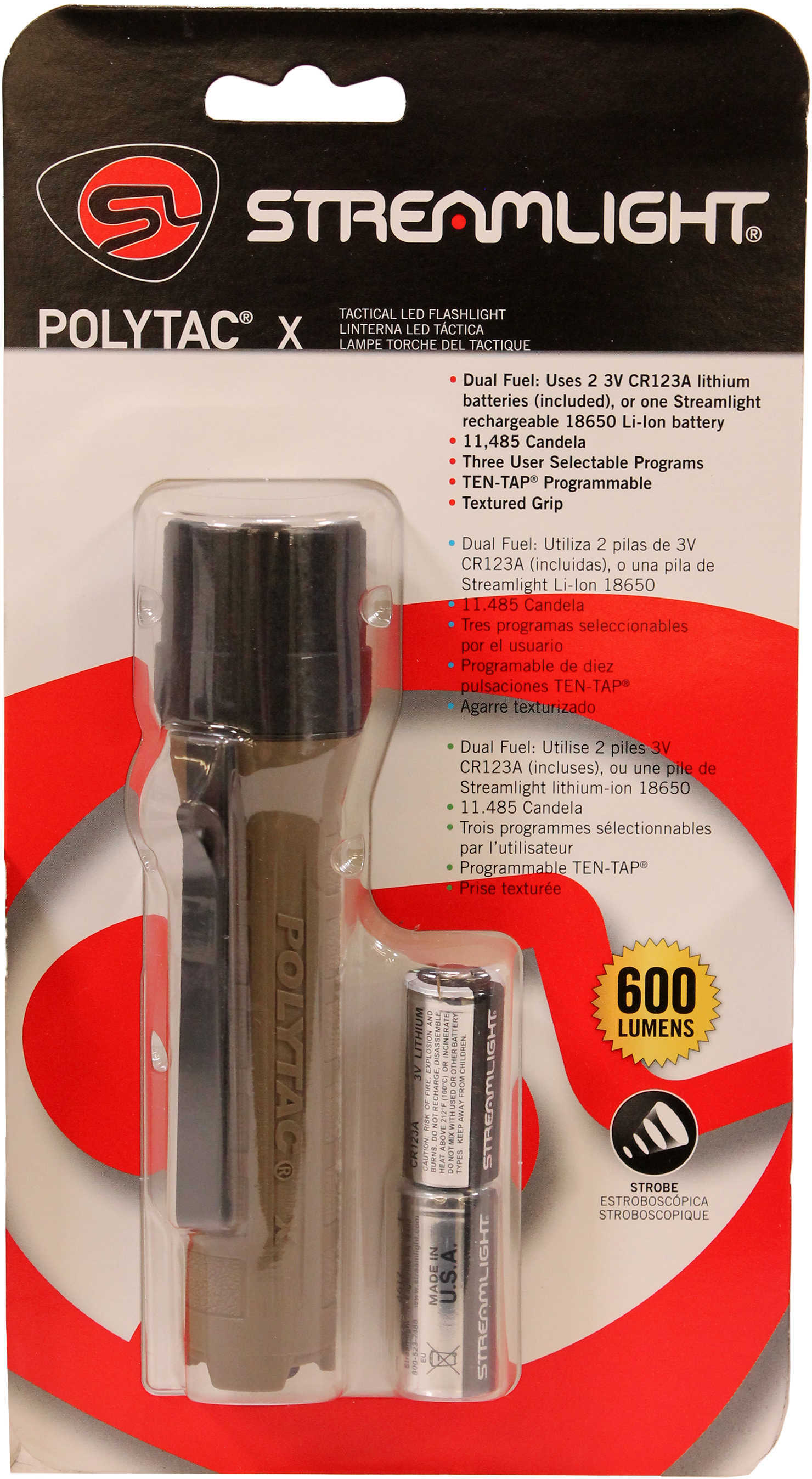 Streamlight 88602 PolyTac X Flashlight 600 Lumens CR123A Lithium (2) Coyote