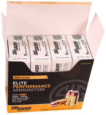 9mm Luger 115 Grain Full Metal Jacket 200 Rounds Sig Sauer Ammunition