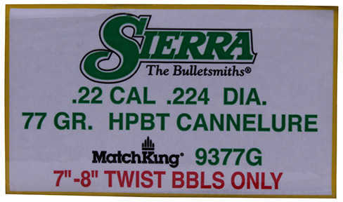 Sierra 22 Caliber .224 Diameter 77 Grain HP Boat Tail Matchking With Cannelure  500 Count